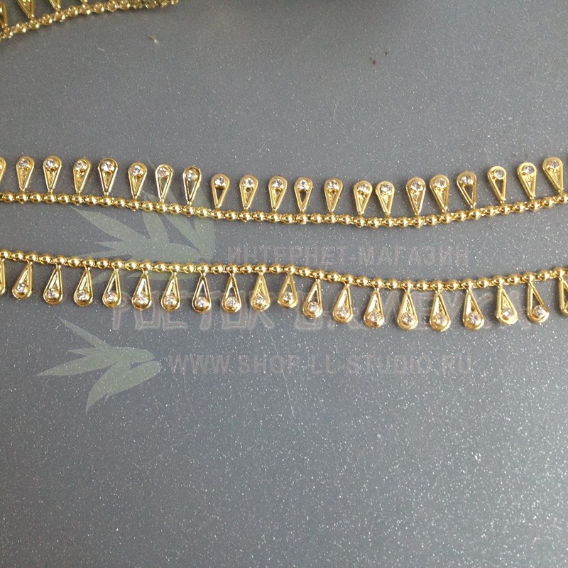 Тесьма со стразами декоративная пластиковая (лента из полубусин) Капли 18 мм цвет золото №6833.3