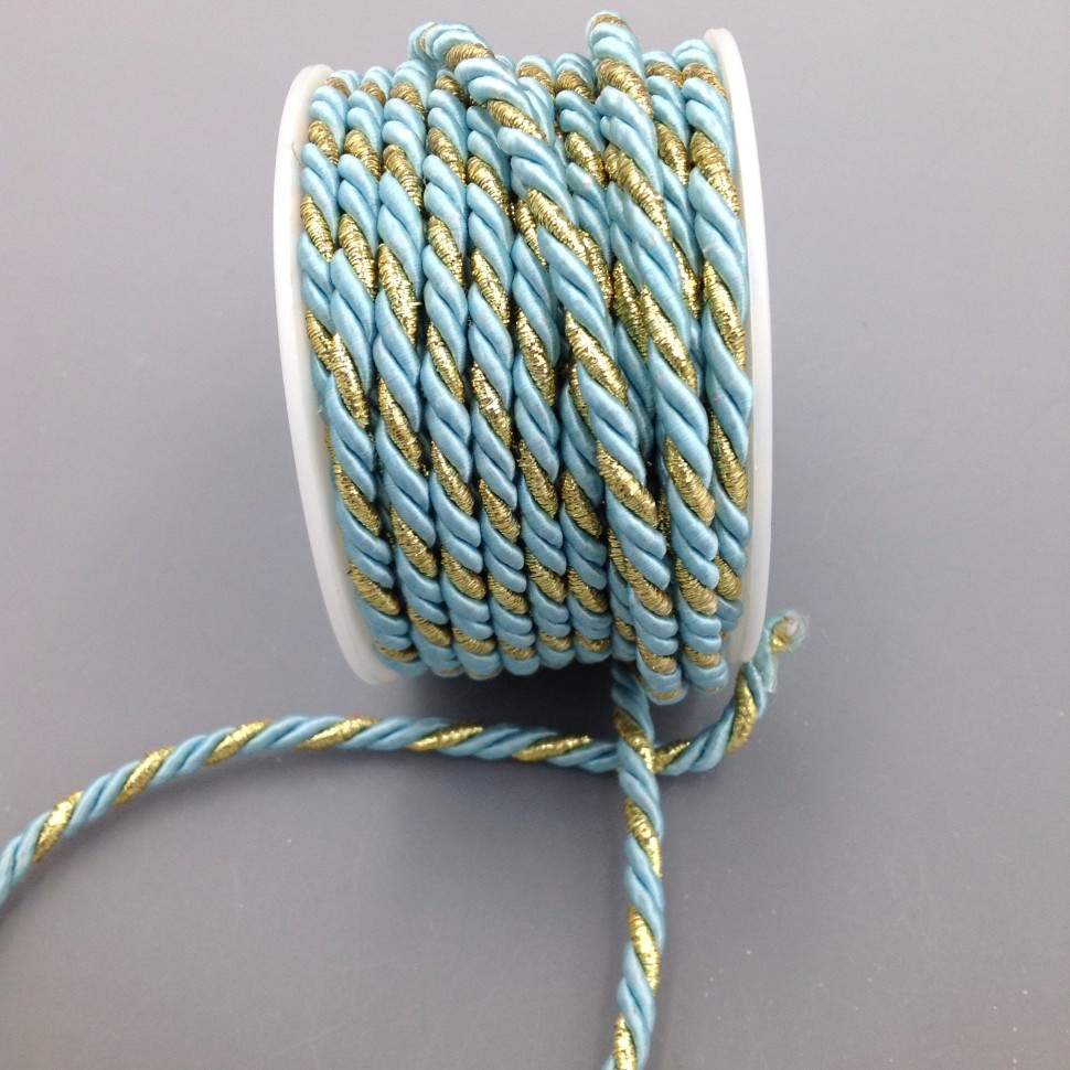 Шнур декоративный витой (канатик) 4 мм двуцветный: светло-голубой/золото №6233.16