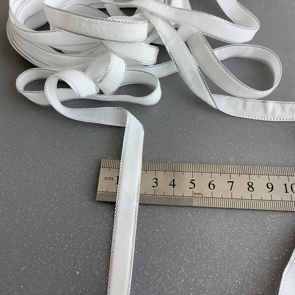Лента бархатная с кантом (лента для рукоделия / тесьма) 10 мм  белый / серебро №2306.1