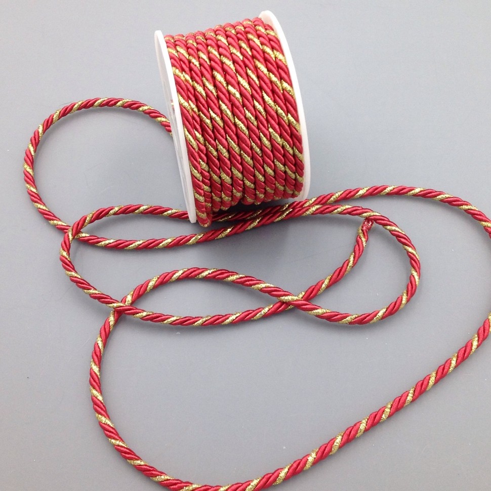 Шнур декоративный витой (канатик) 4 мм двуцветный: светло-красный /золото №6233.18