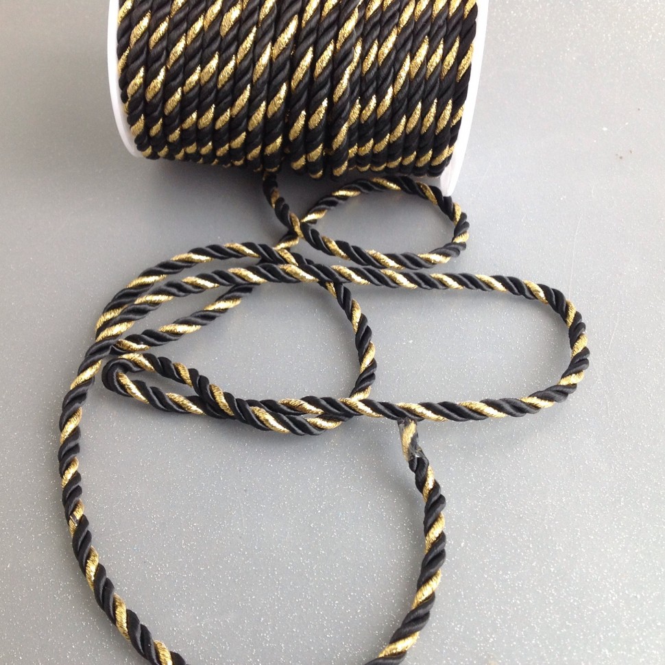 Шнур декоративный витой (канатик) 4 мм двуцветный: черный/золото №6233.3