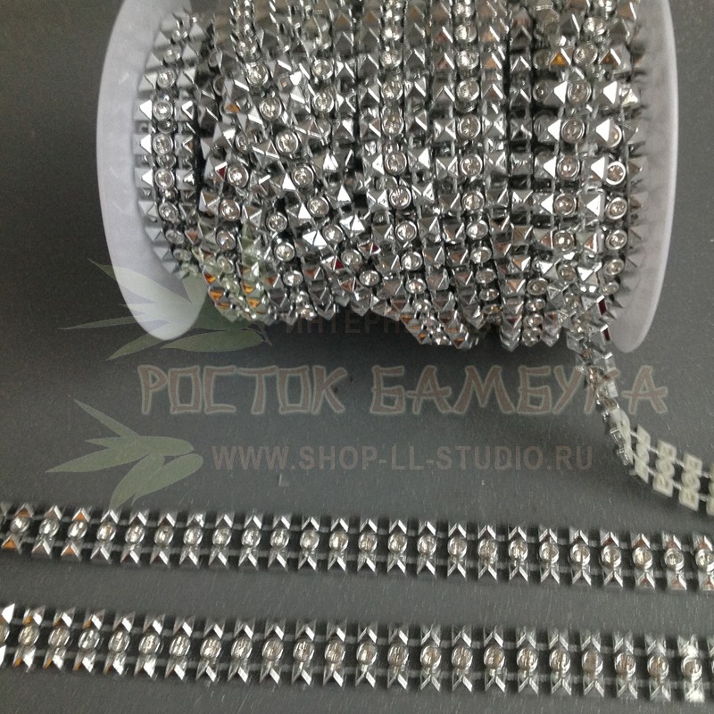 Тесьма со стразами декоративная пластиковая (лента из полубусин) 15 мм цвет серебро №6880.2